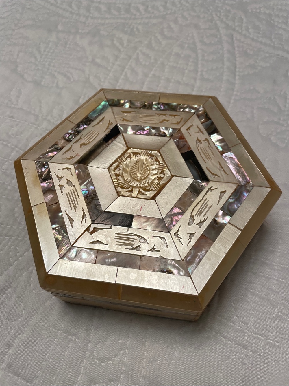Handcrafted Moorish Style Hexagon Decorative Box Mother of Pearl & Abalone Shell